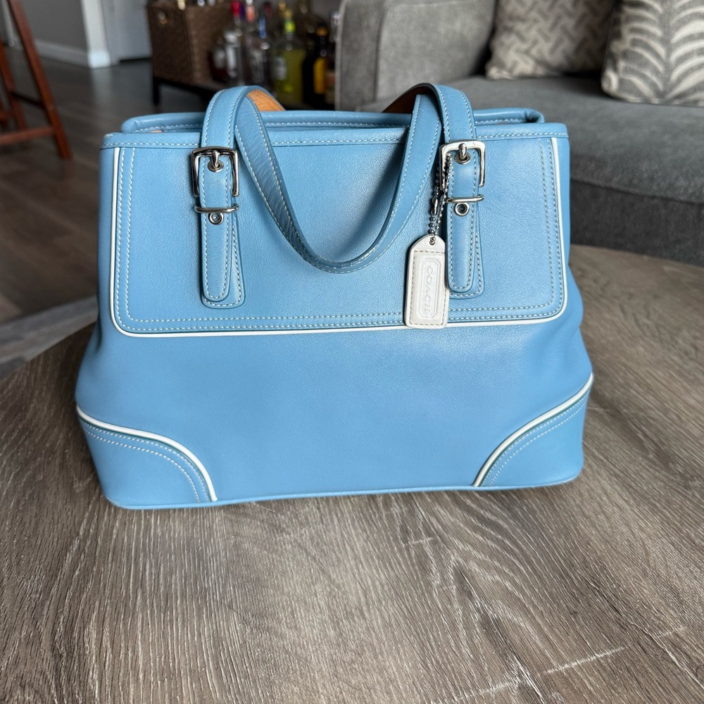 Coach Blue Leather Satchel with White Trim